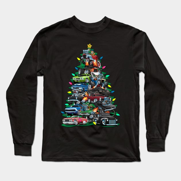 Car Madness Christmas Tree! Classic Muscle Cars and Hot Rods Long Sleeve T-Shirt by hobrath